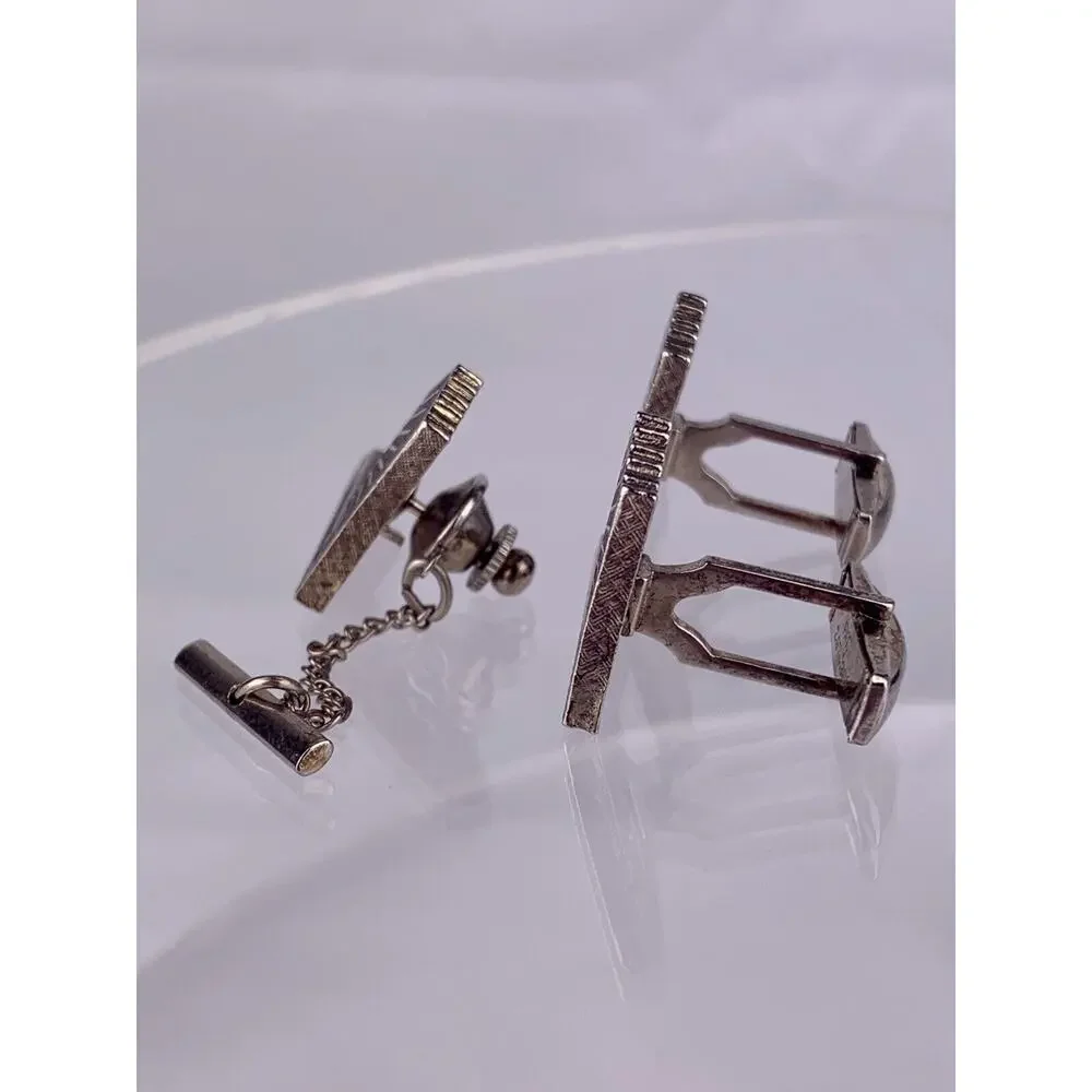 Architecture Office Building Silver Tone Cufflinks & Tie Pin Tower Vintage K1